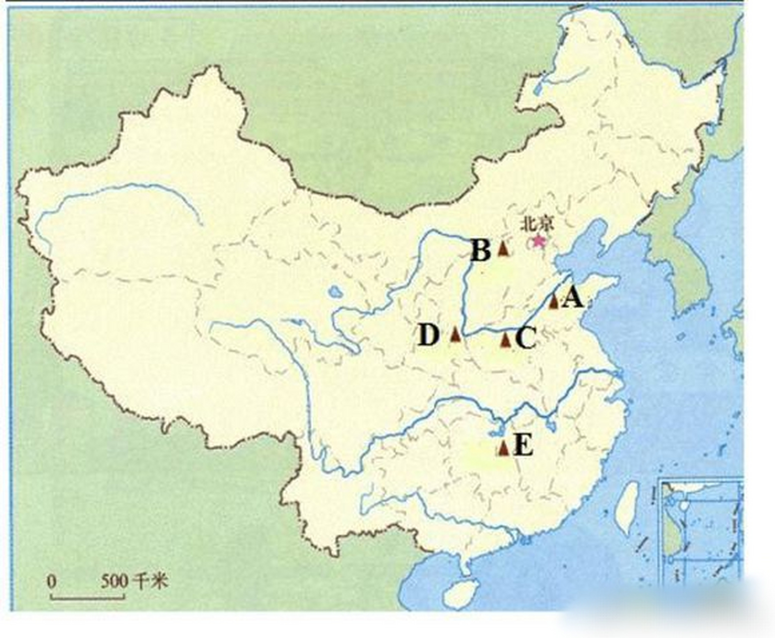五岳在中国地图上的位置分布图: 五岳即东岳泰山,西岳华山,中岳