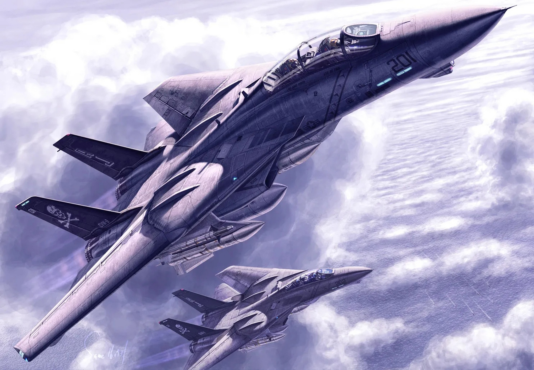 一组战机绘画作品欣赏,展现了冷战期间双方的主要战斗机和轰炸机.