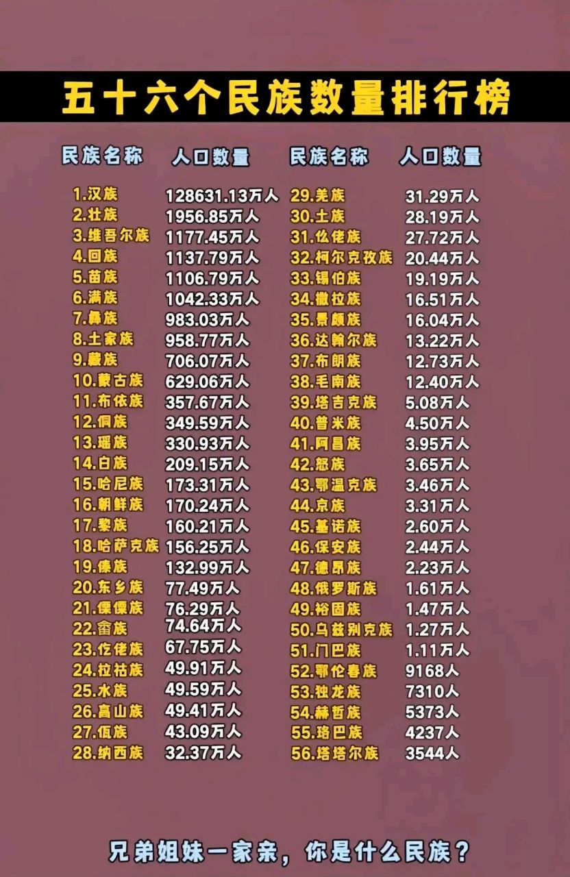 56个民族人口数量排行榜,除了汉族以外,有5个少数民族人口超千万