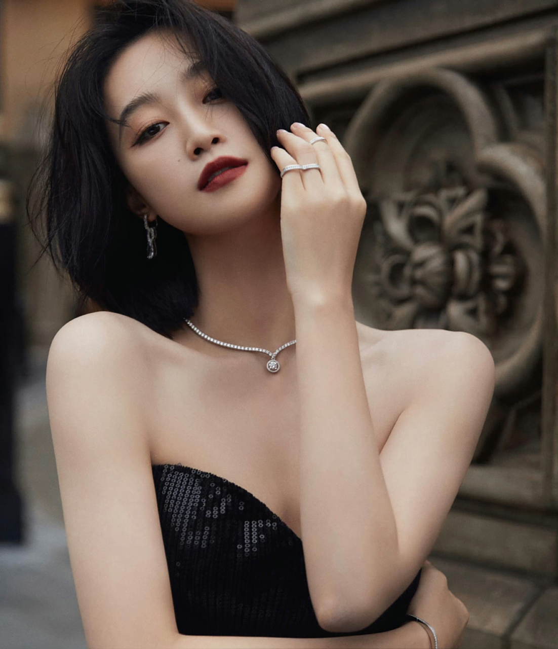 蓝盈莹黑色鱼尾开叉礼服,温柔又美丽 #蓝盈盈