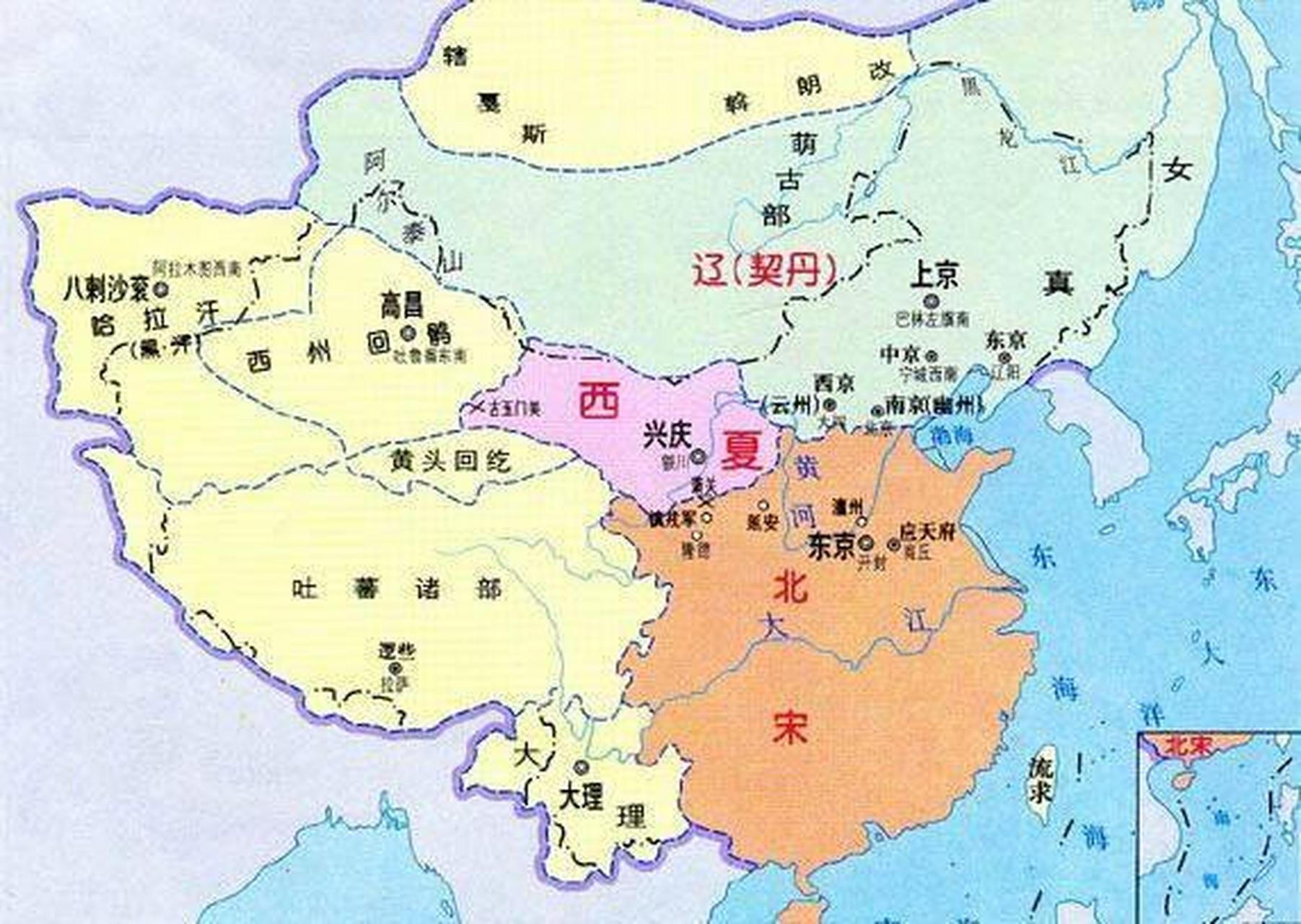 对比宋朝疆域和现在的领土范围,我们会发现:  1,东北地区不属于宋朝