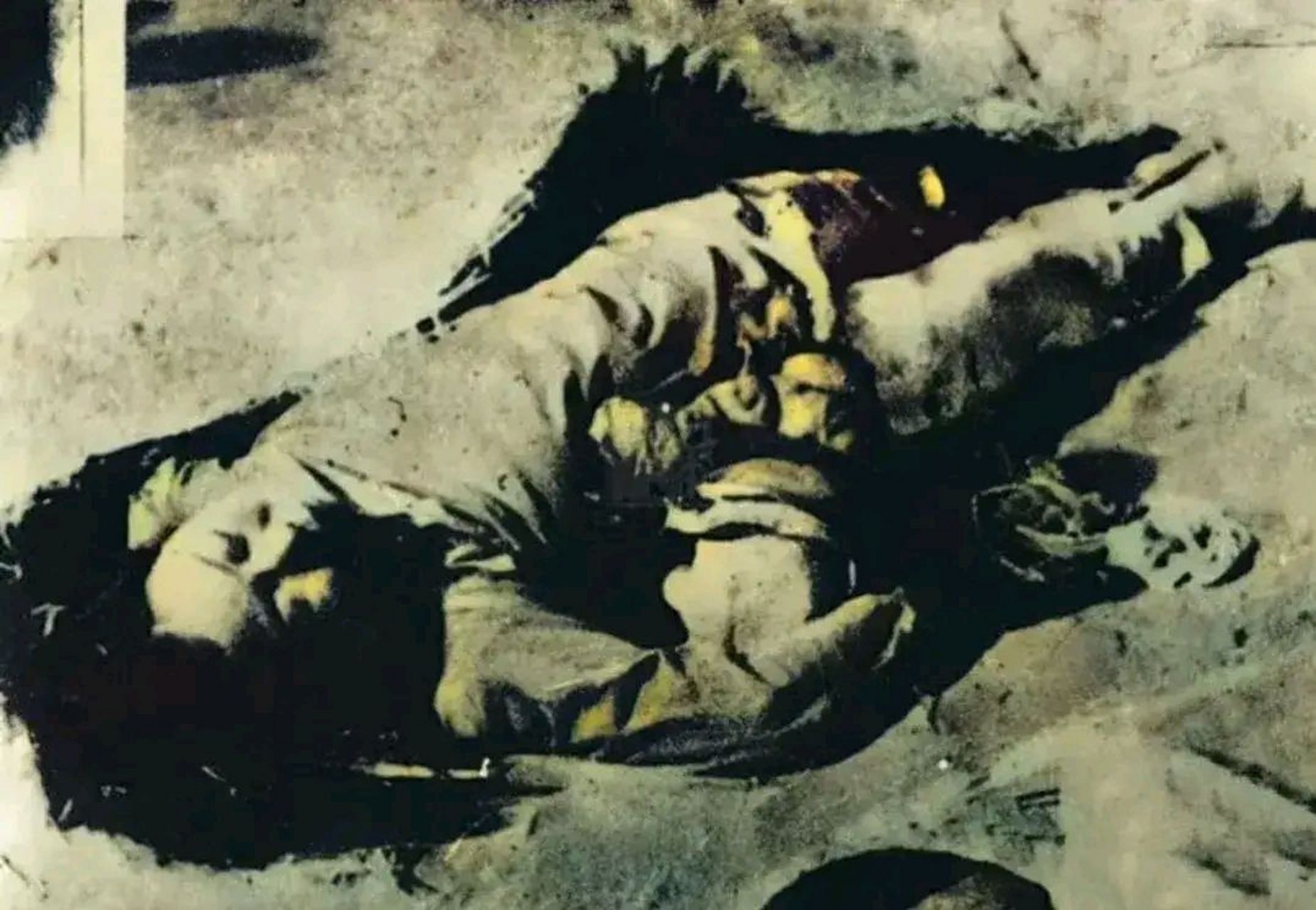 照片中,一名年轻的女子躺在地上,已经没有了生