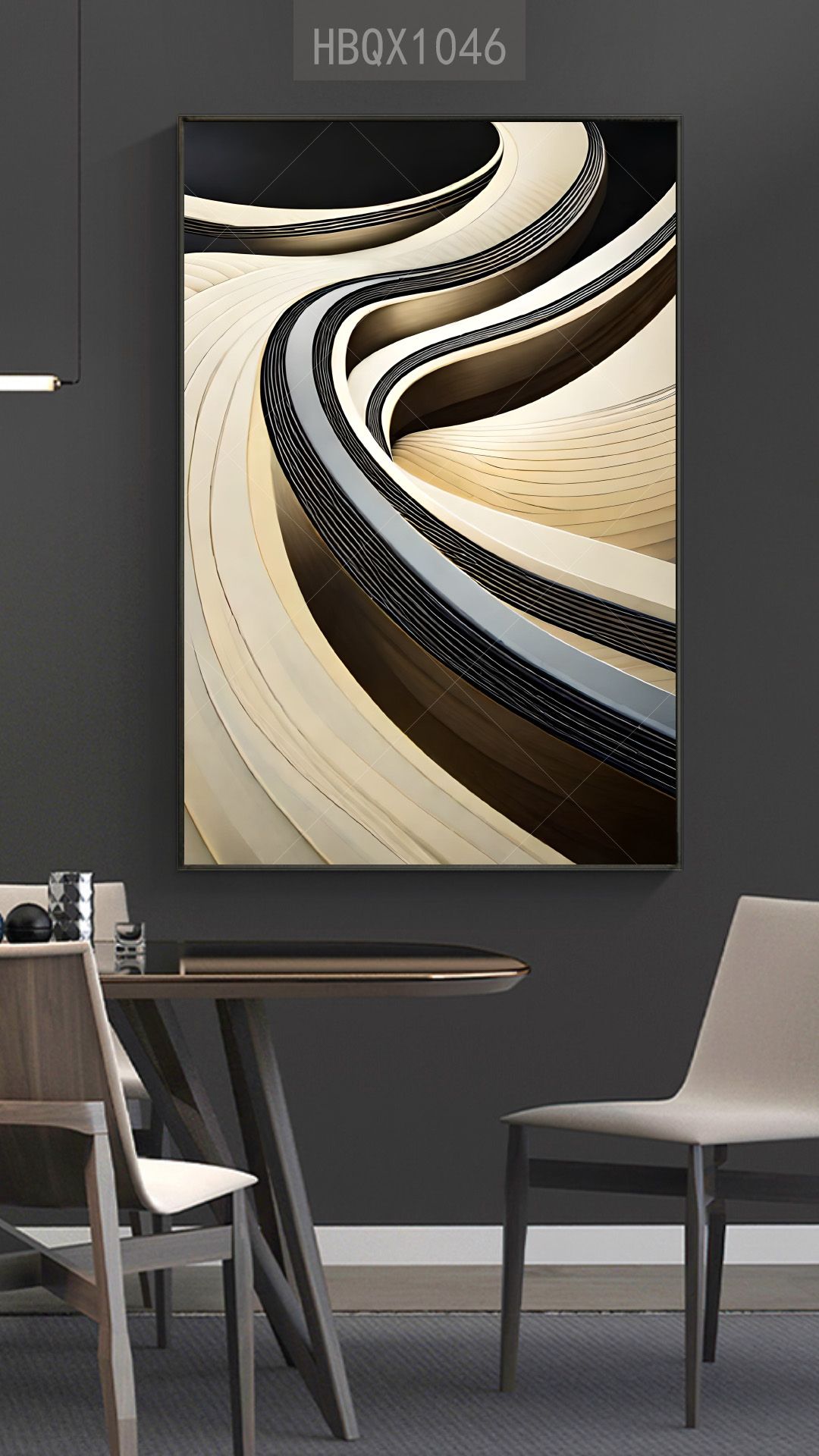 一种黑金美式复古轻奢工业风抽象螺旋曲线数字油画装饰画