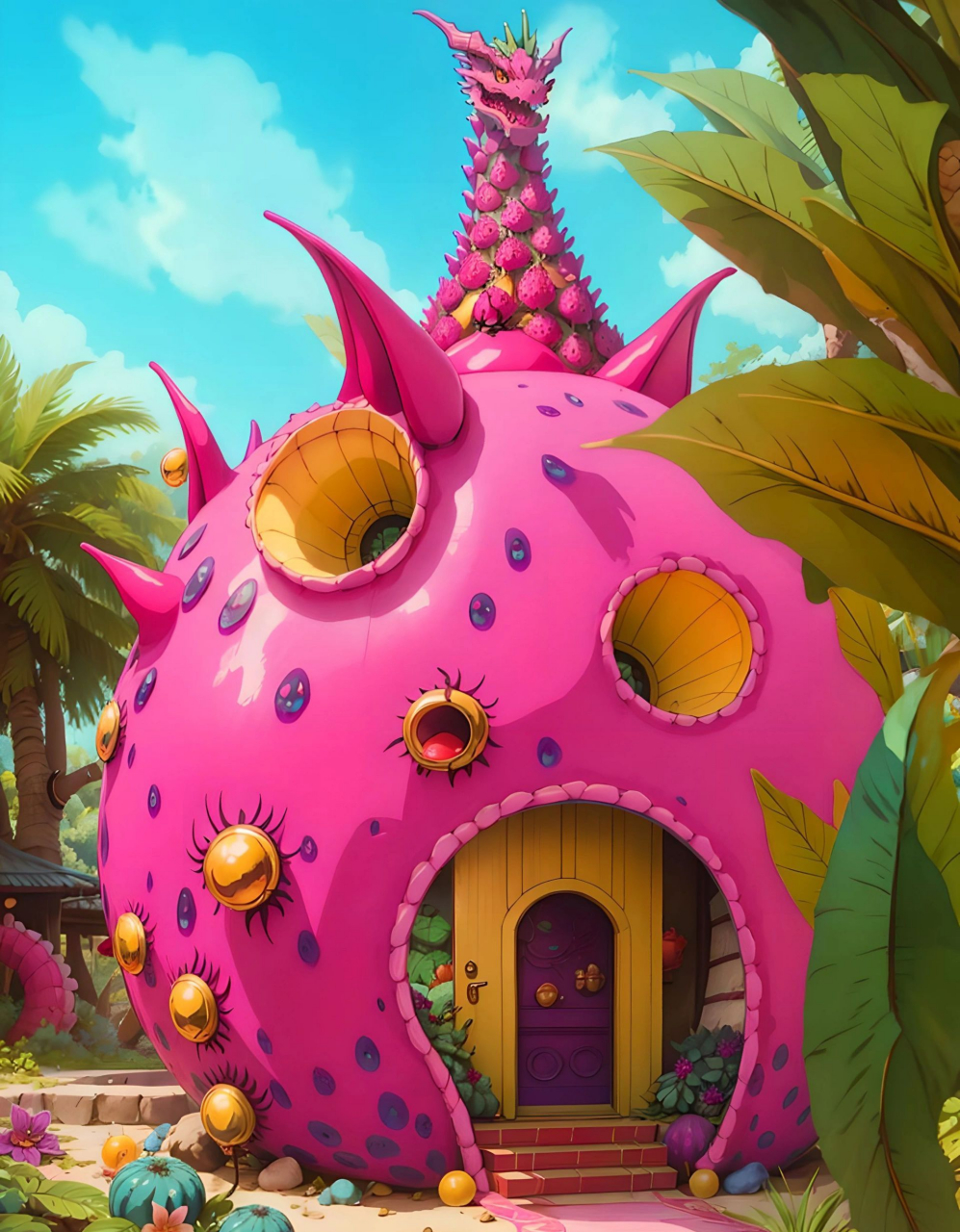 热带童画森林的奇妙火龙果屋插画,夏日迎面吹来的风,是暖暖的热情的
