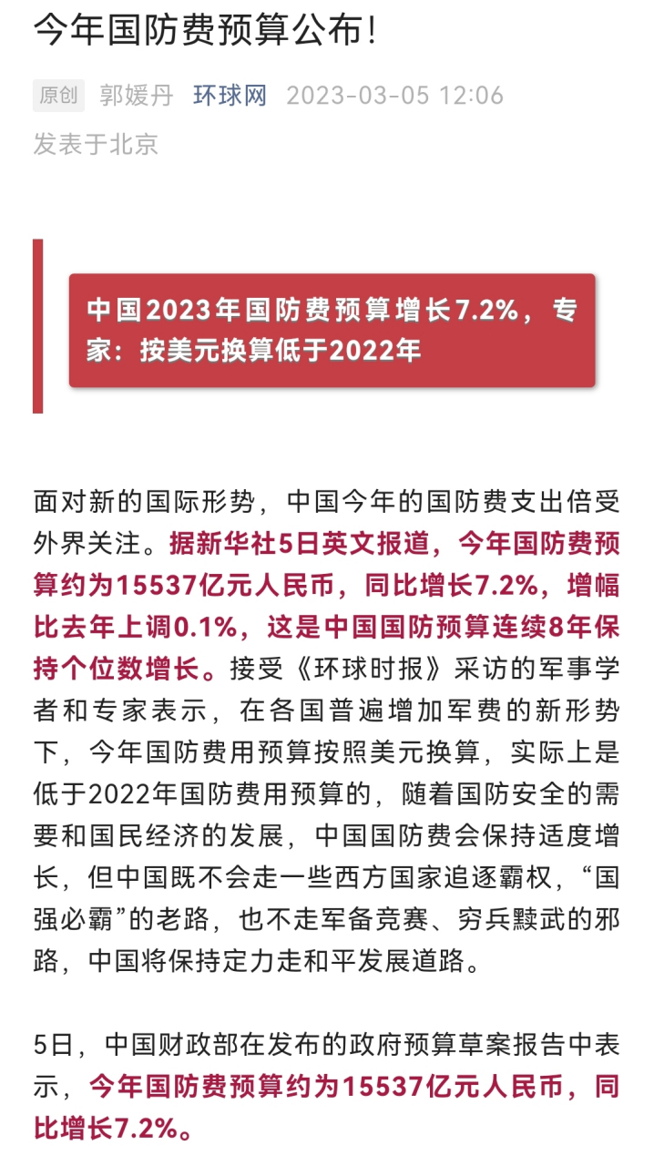 中国2023年国防费预算增长7