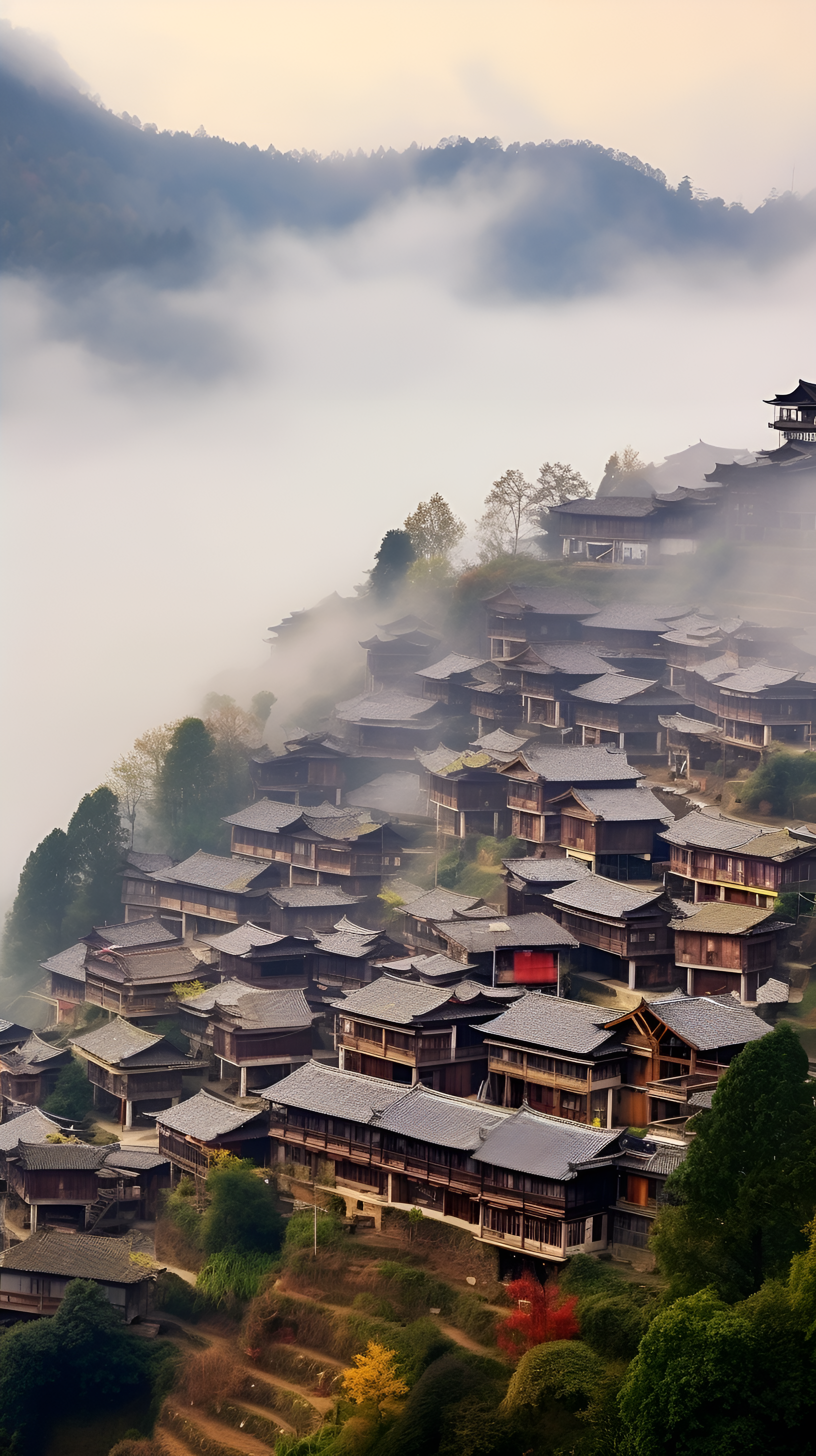 中国山村:古老的吊脚楼与宁静的乡村生活