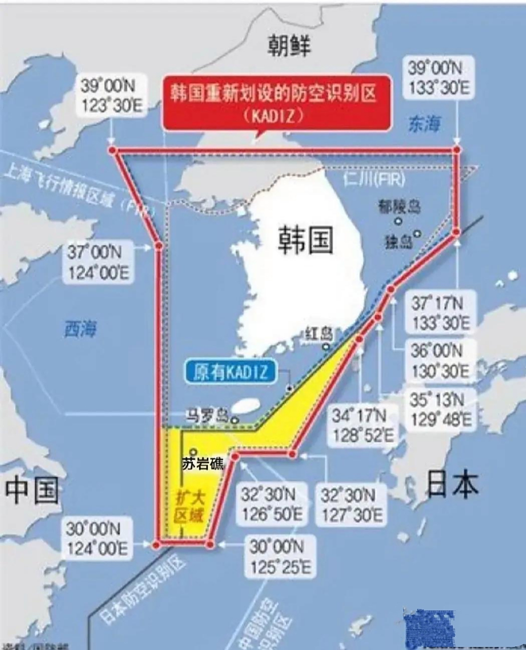 看看韩国的防空识别区,划得多有意思.