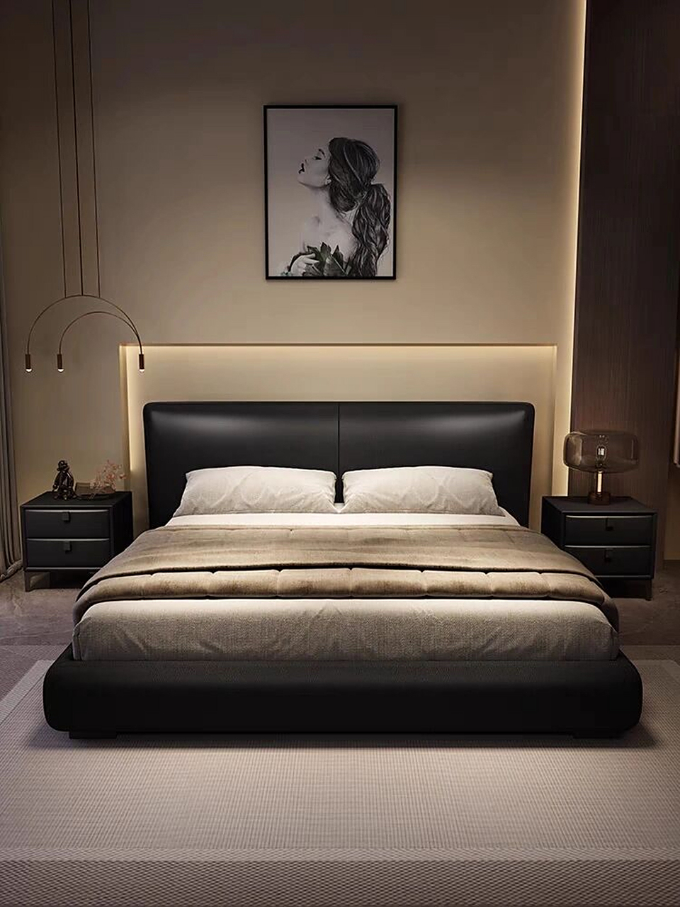 香奈儿真皮床现代简约1.8米双人床大户型主卧高端软包新婚床黑色