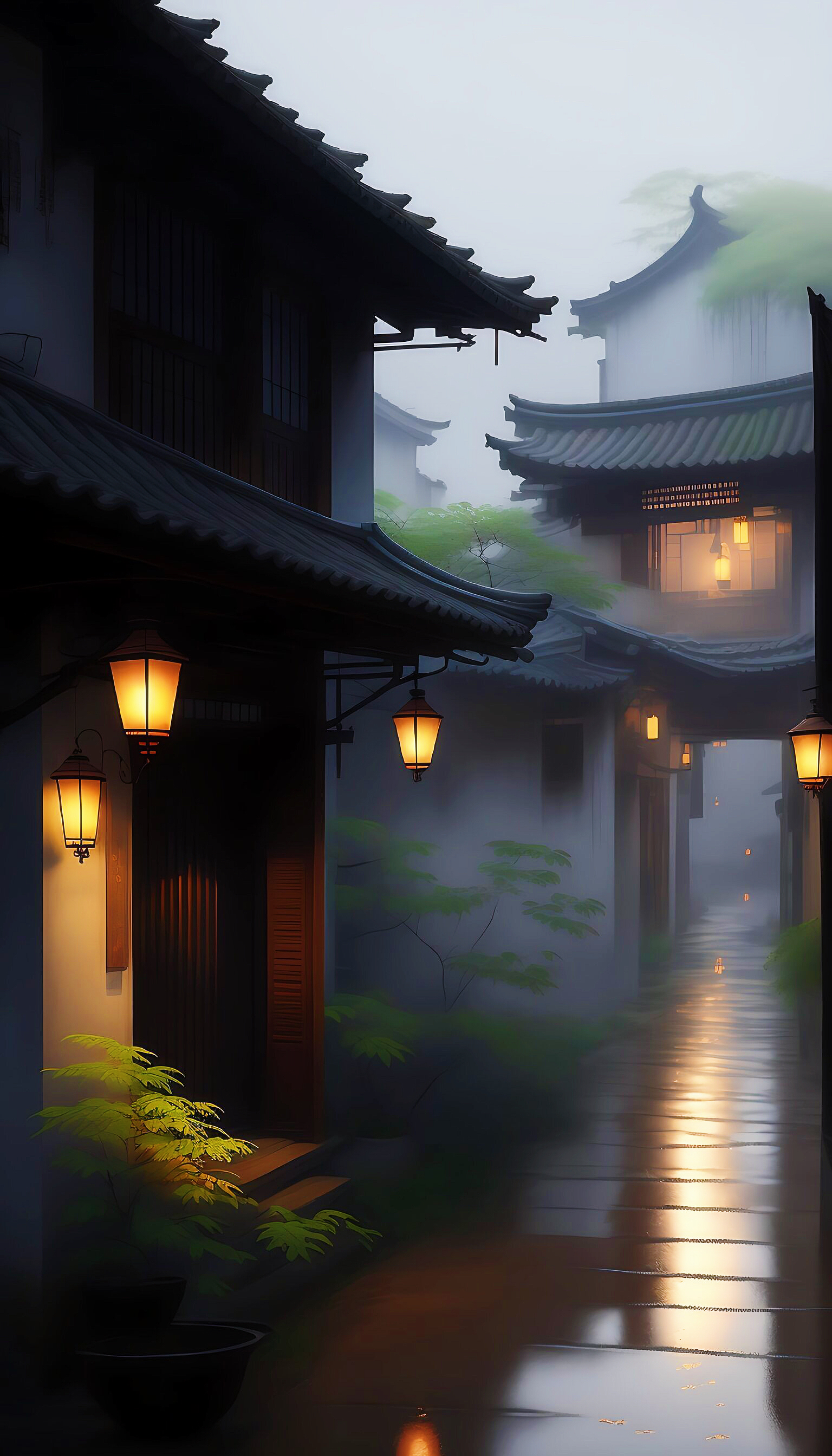 今日分享ai绘画手机壁纸:烟雨江南古镇.