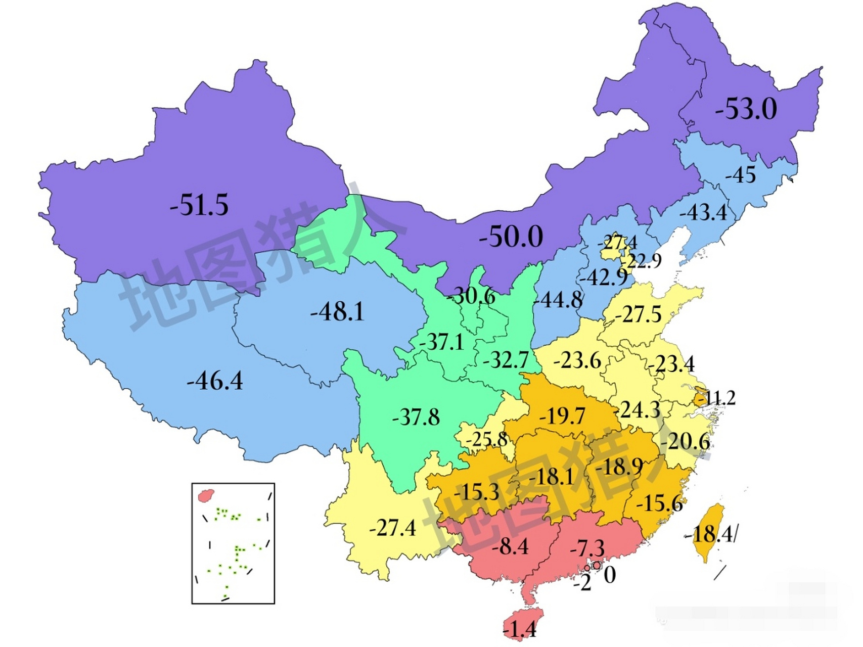 我国各省份最低温度