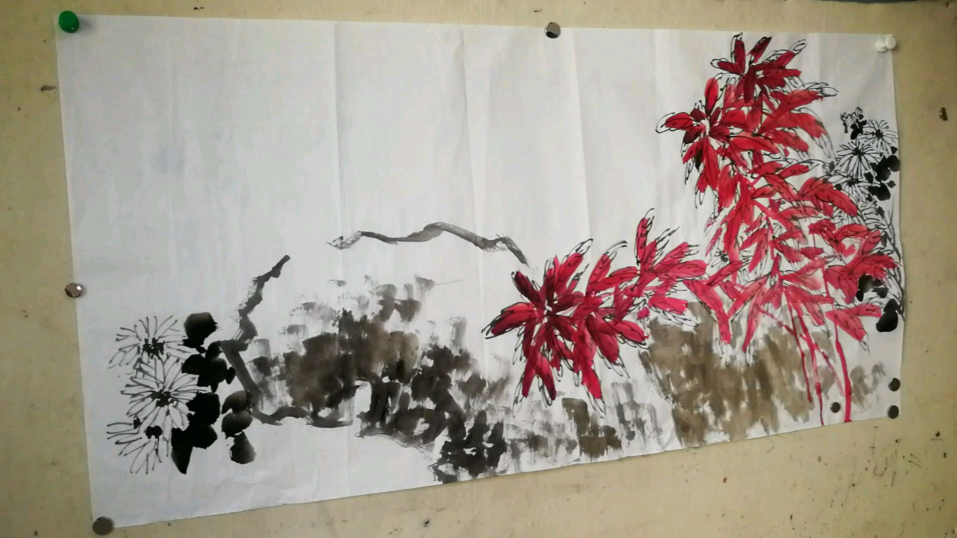 写意花鸟画入门提高,四尺《叶红花黄》04,原来也可这样画,简单