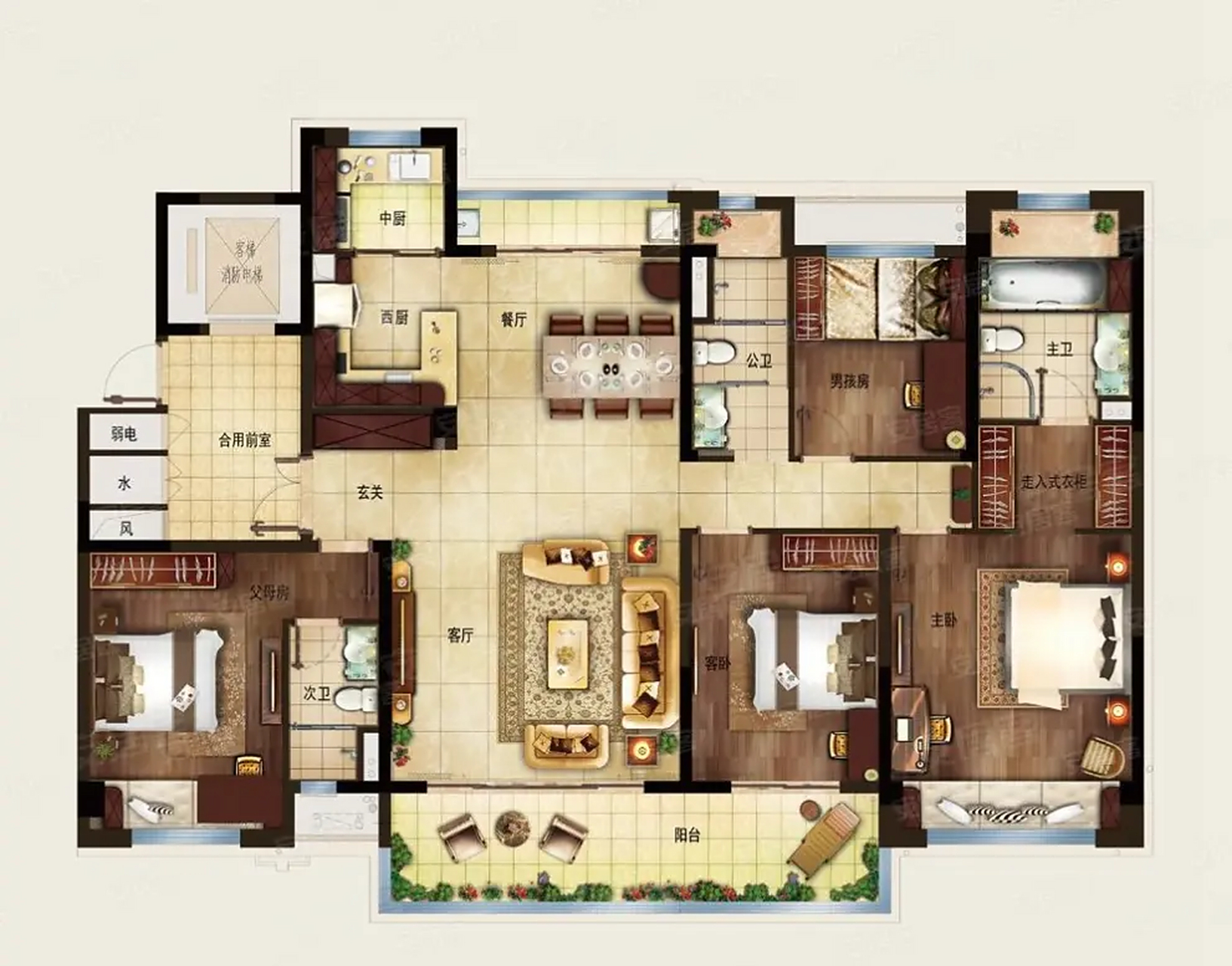 四个卧室大平层户型标准模板是什么样子?