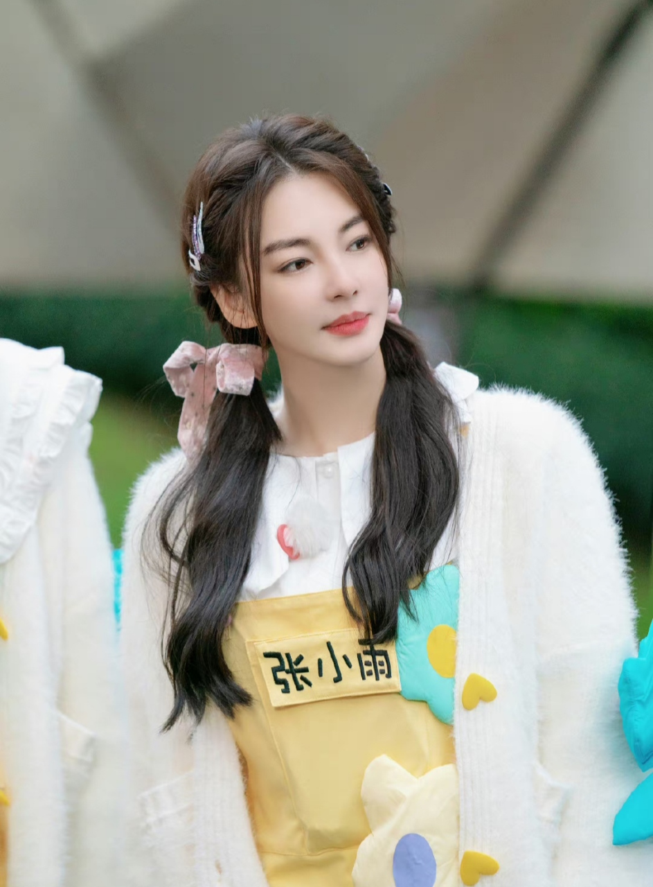 张雨绮在综艺节目里扮嫩,梳两个低马尾,还用粉色丝带做装饰,笑起来