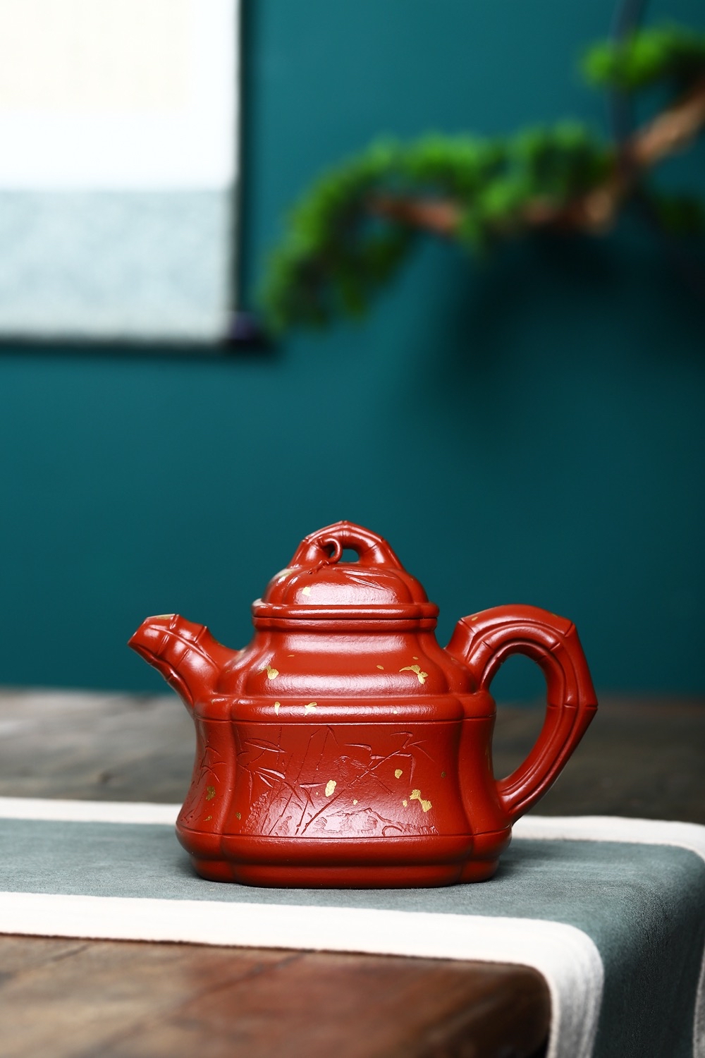 宜兴紫砂壶沈建军全手工四方竹鼎原矿大红袍350cc