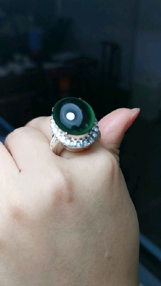 极品猫眼翡翠蓝水戒指