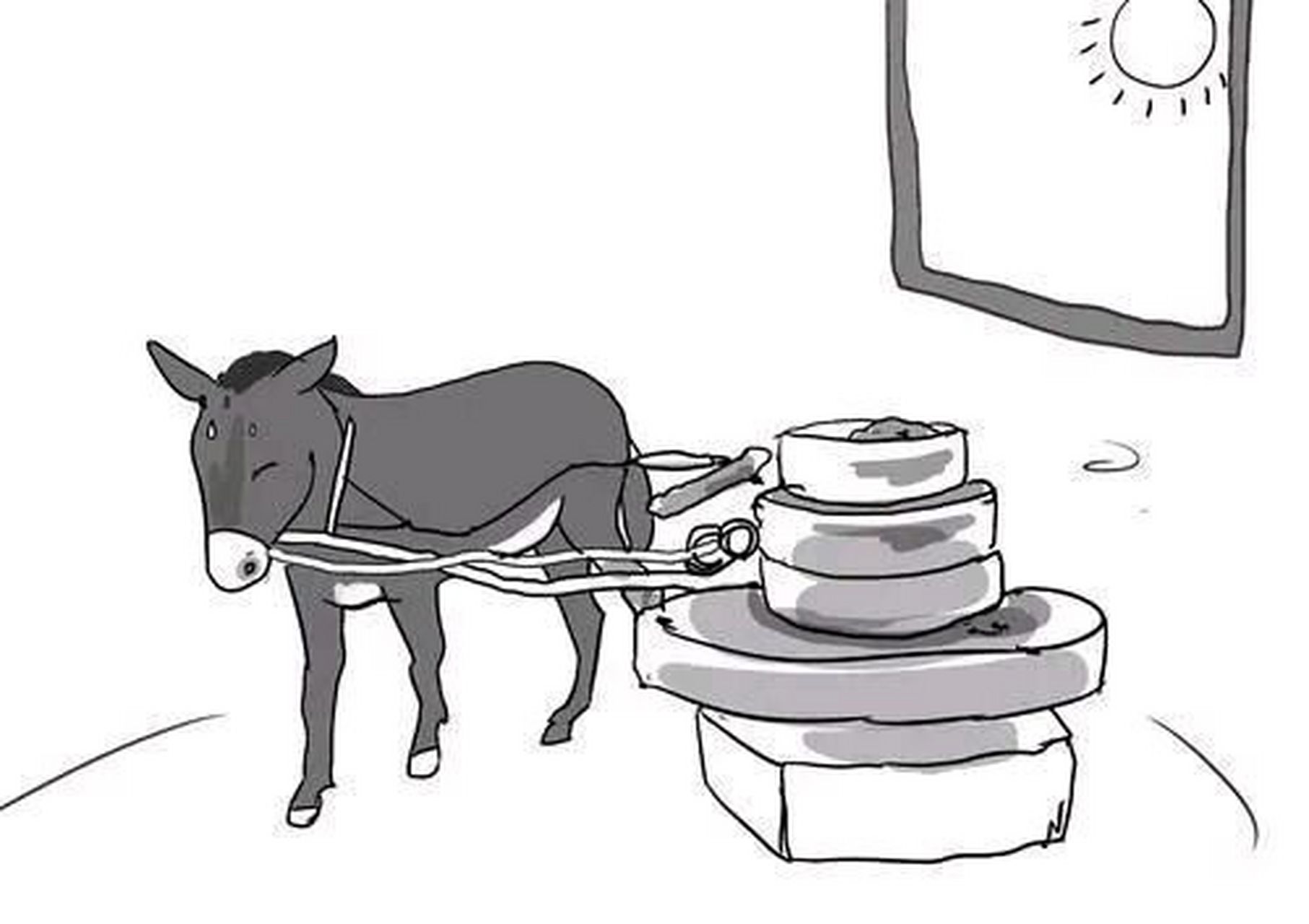 主人对正在拉磨的驴说:你真了不起!没有你,大家只能吃粗粮.