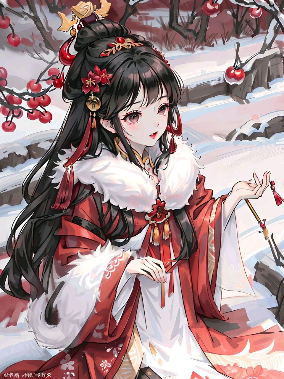 一组古风少女插画欣赏,红装白雪,相得益彰