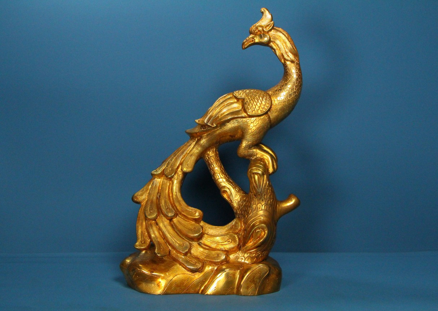 旧藏精品纯手工打造铜鎏真金凤鸟摆件 高28厘米     底座长16厘米