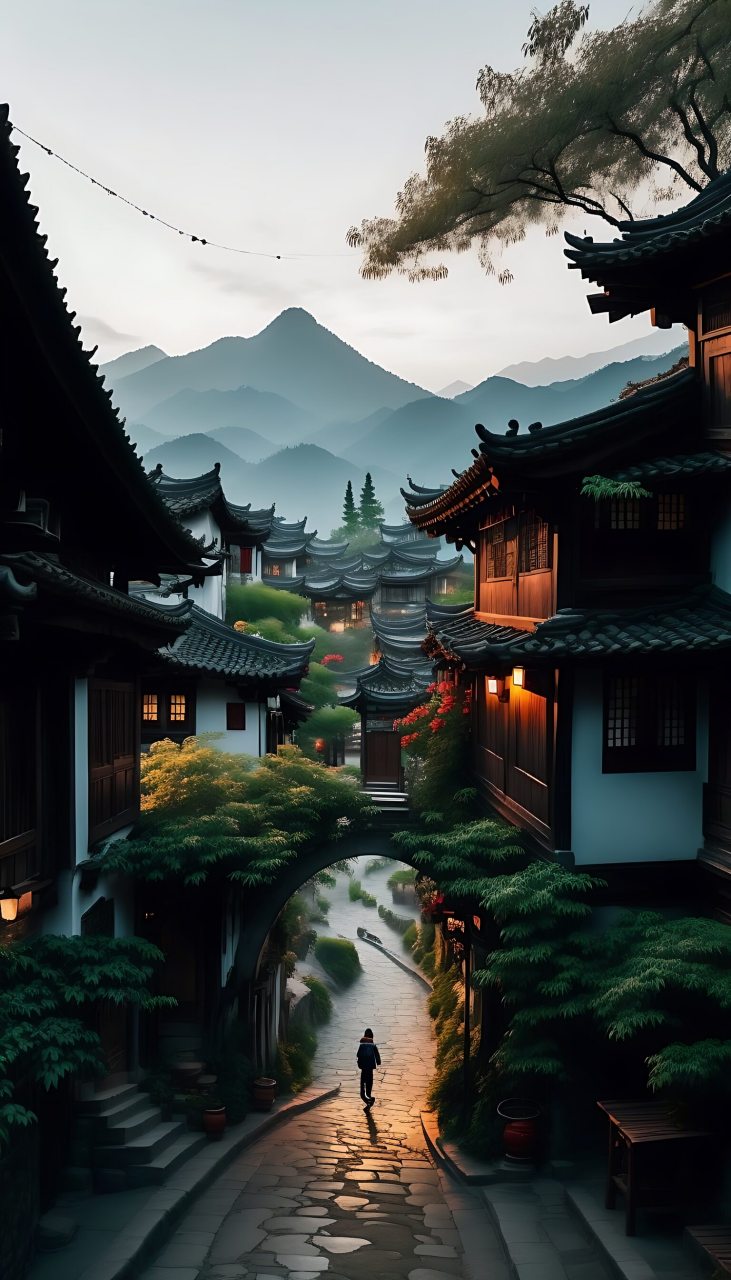 青石板路迎古风,小桥流水画中悠. 朝霞照射红瓦屋,夕阳映照白墙篱.