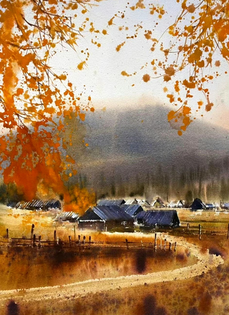 绘画作品欣赏,描绘了秋天的景色,红叶,山峦,多种元素展现了美丽的风景