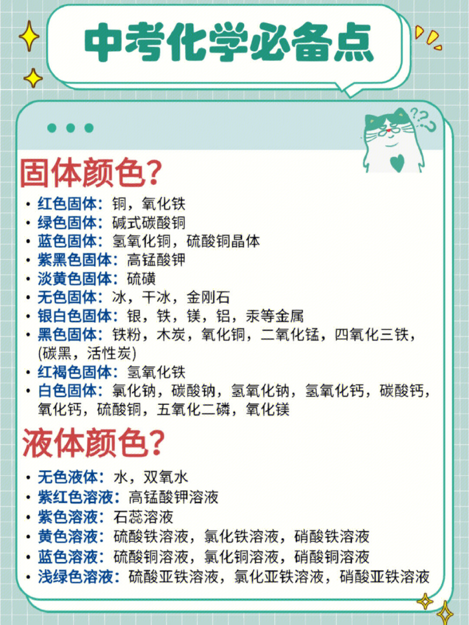 初中化学一些必备小常识,包含不同固体,液体的区分,离子的检验等,建议