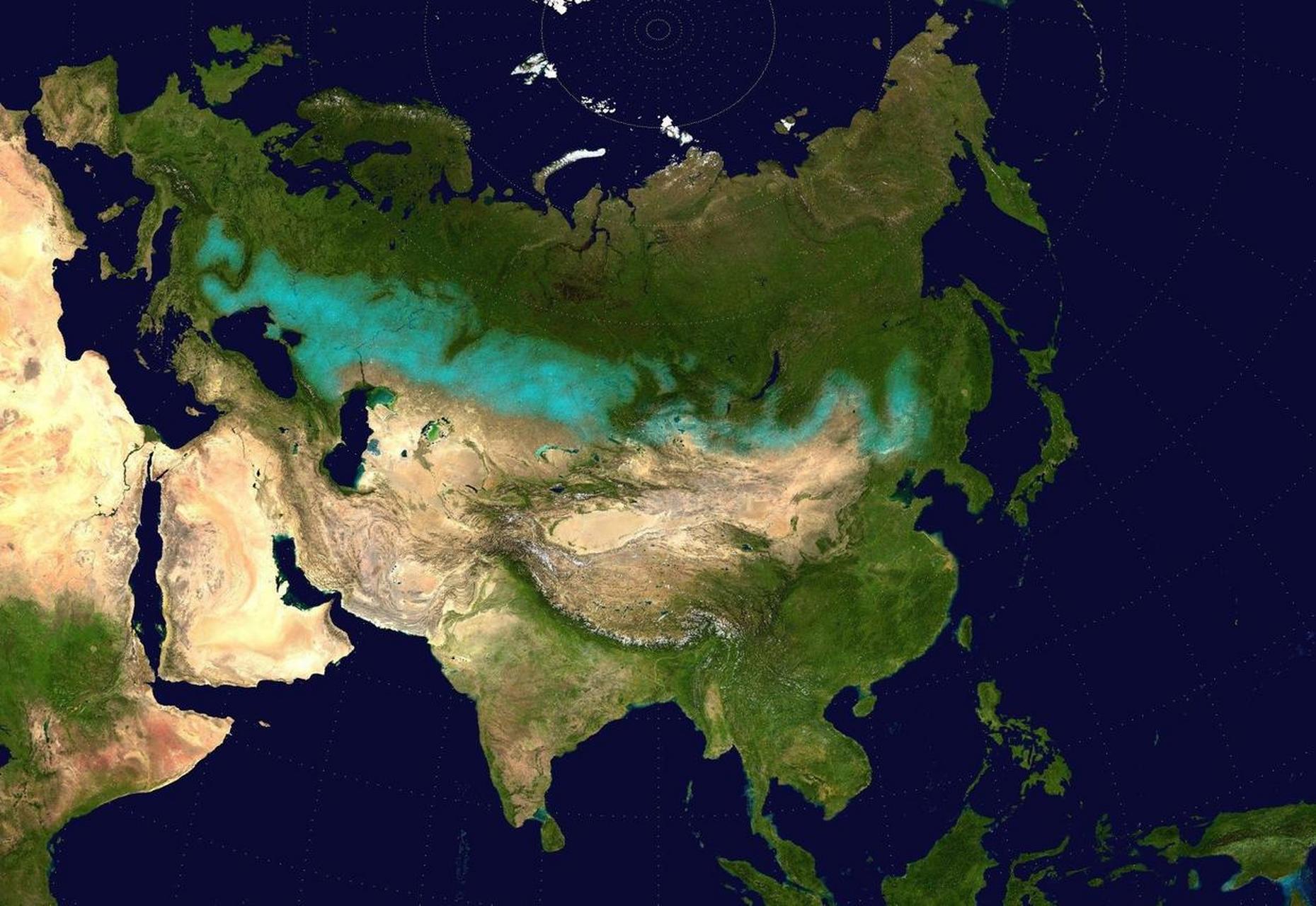 图中青绿色为欧亚大草原带  13世纪,蒙古铁骑凭此草原带,纵横欧亚,所