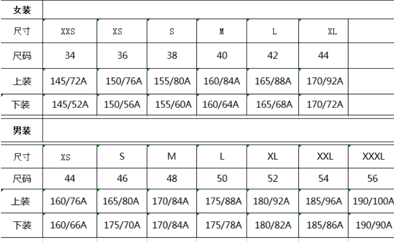 衣服规格型号对照表图片