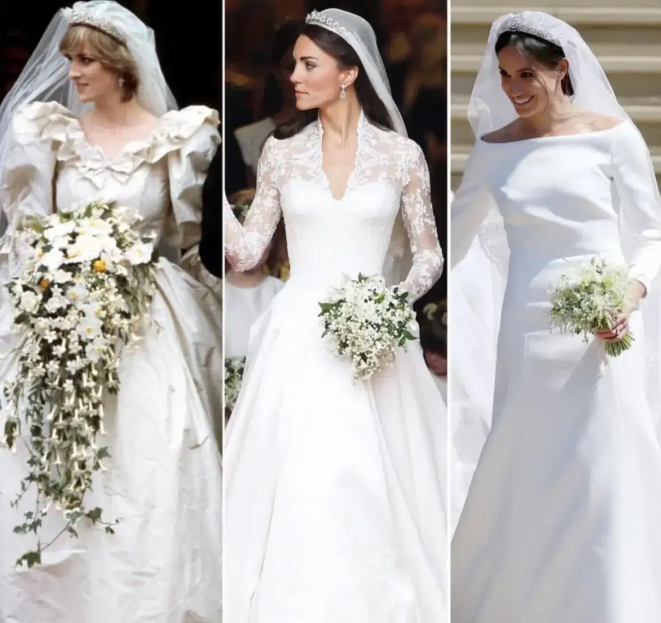 戴安娜的婚纱很公主风,梅根的婚纱从设计到材质都比较耐看,但是三个人