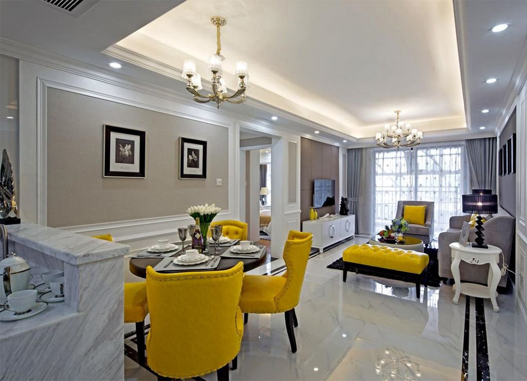 87平简约风客厅简约中增加了活泼,全屋一抹柠檬黄清新又有格调  87平
