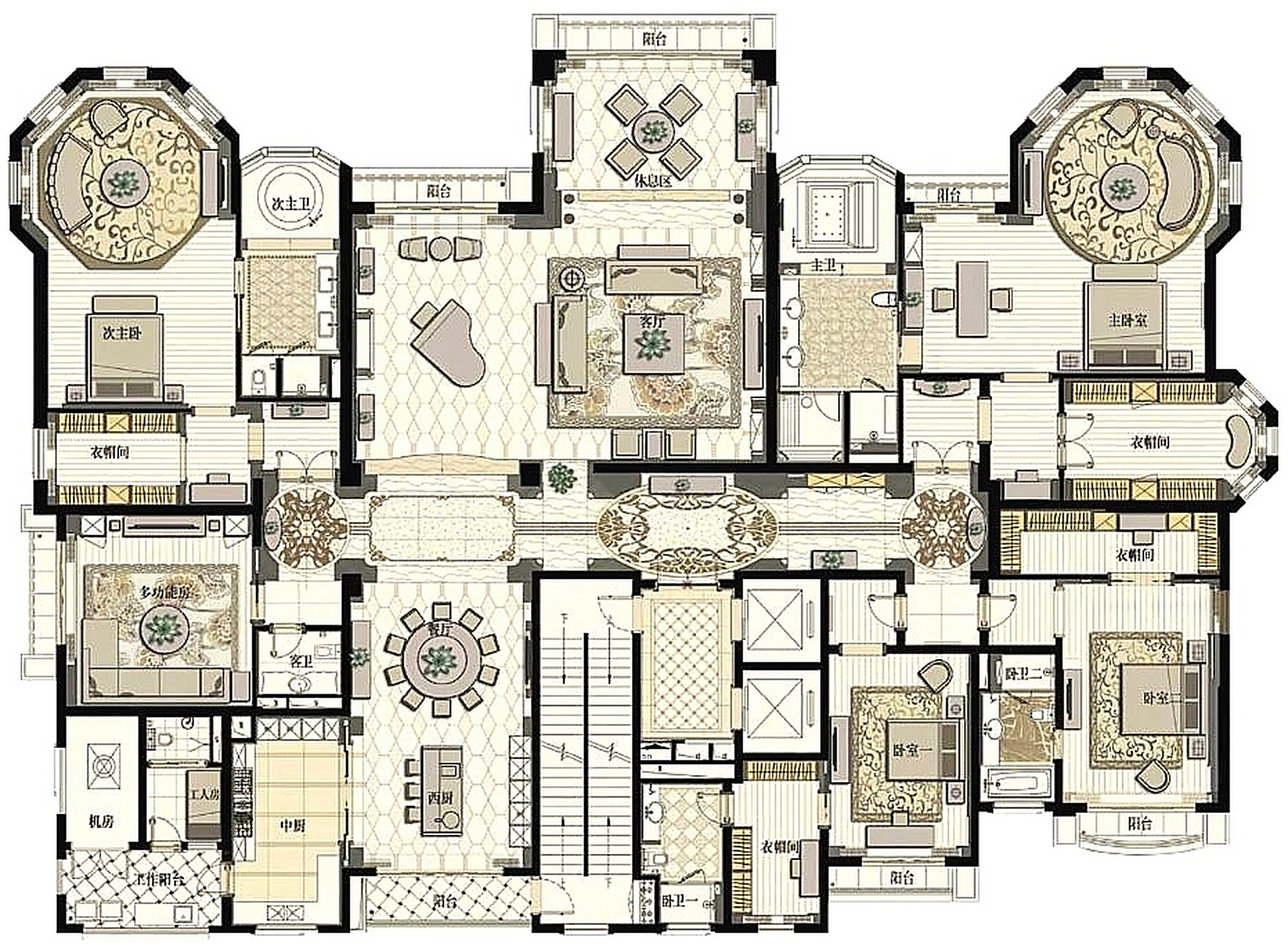 这是一套面积接近400平米的大平层,四房四厅五卫的格局,而朝向是坐