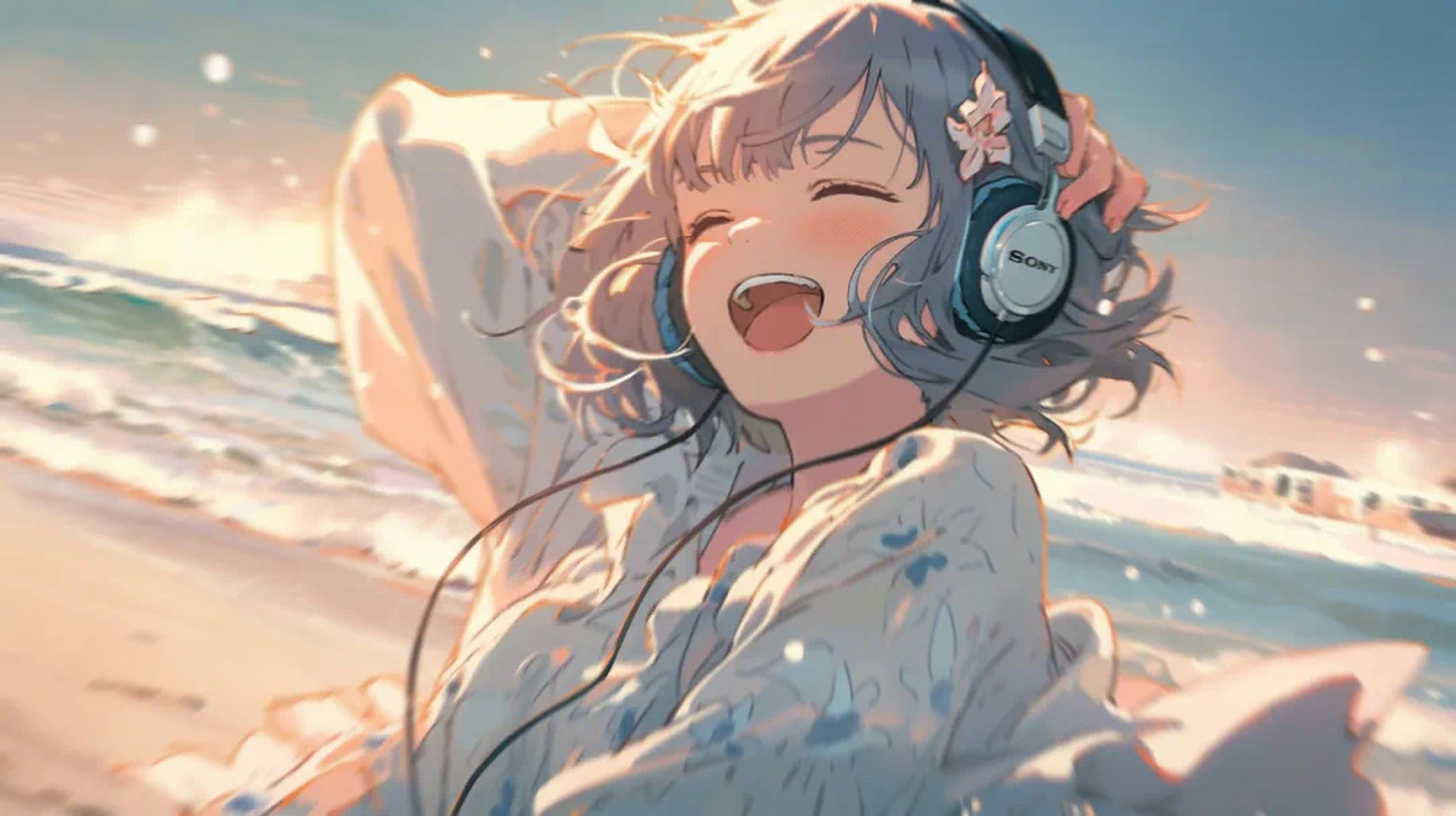 在海浪边听音乐的少女,咦?