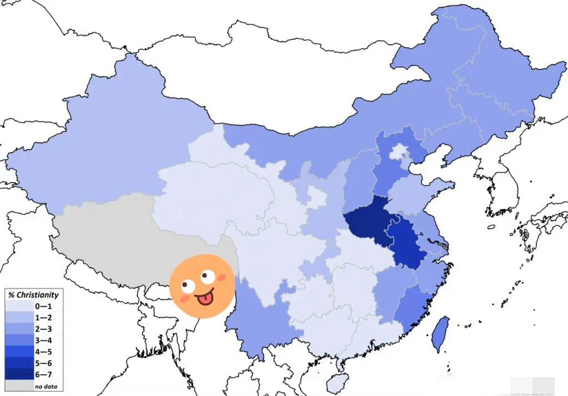徒,穆斯林占各省人口比例地图  下面两张地图分别用蓝色表现基督教