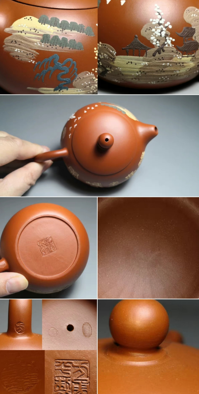 助理工艺师方勇平款原矿彩绘朱泥紫砂壶一把  保真原矿半手工壶,砂料