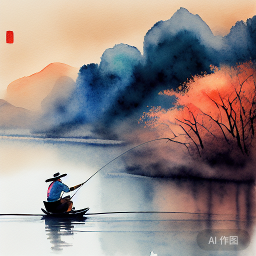 孤舟垂钓者,晚霞伴寂寥