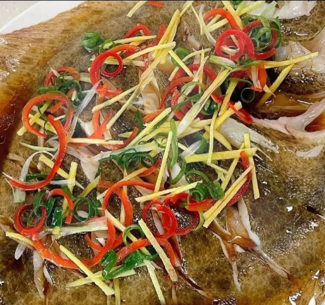 清蒸多宝鱼  食材:多宝鱼,姜丝,葱丝,红椒丝.