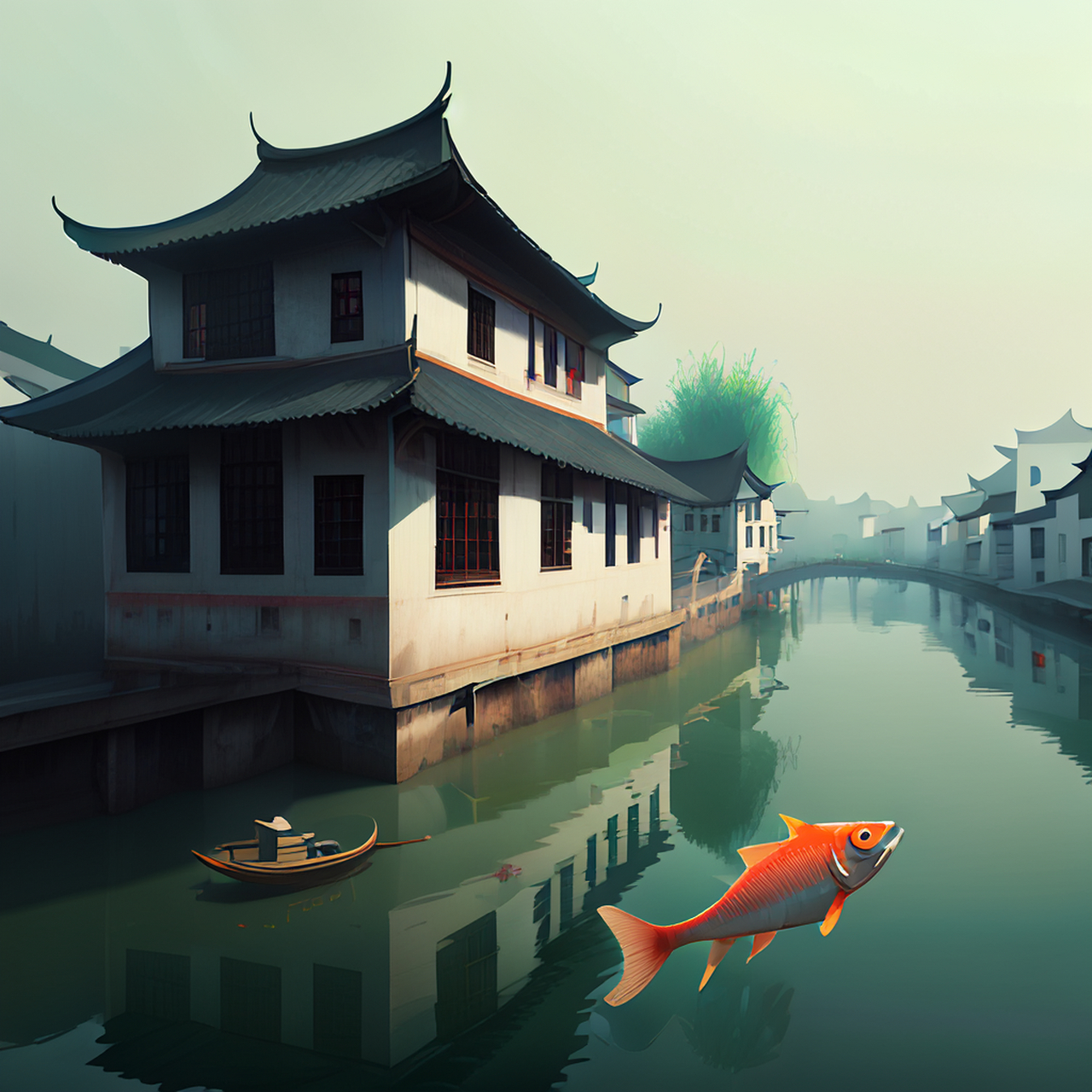 文心一格画作:江南鱼米之乡