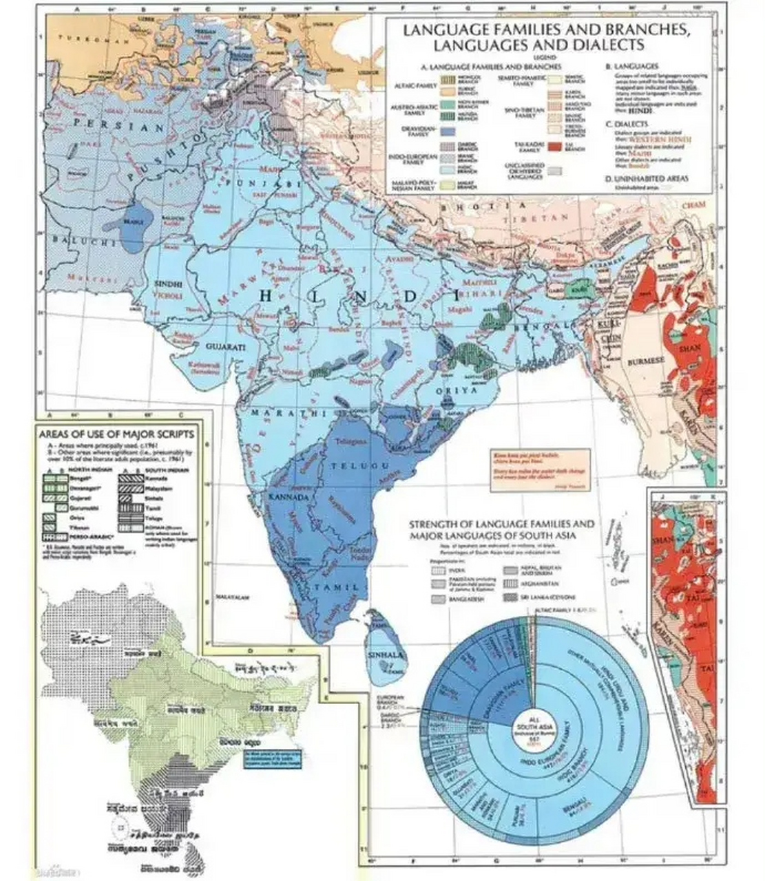 印度语言地图: 据有关资料统计,印度共有1652种语言和方言,其中使用