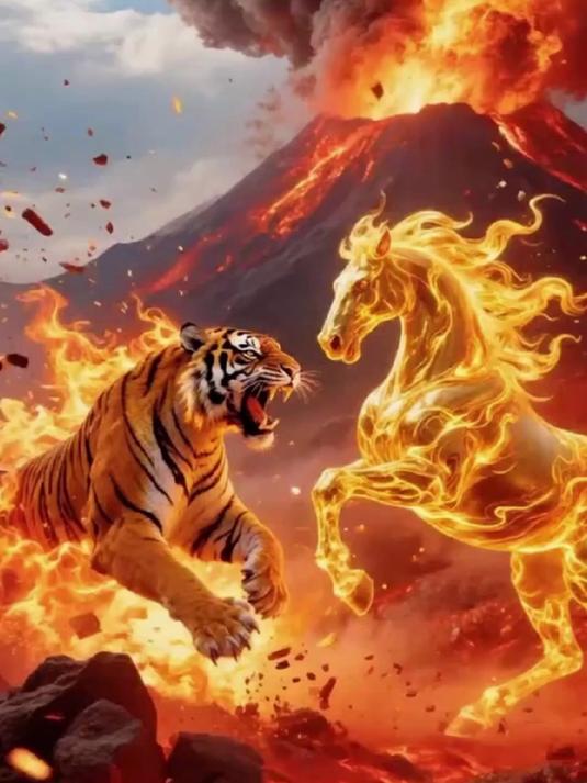 惊呆了!火山下火焰虎马融合