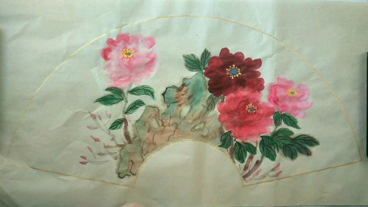 花鸟画285,扇面牡丹花画法!