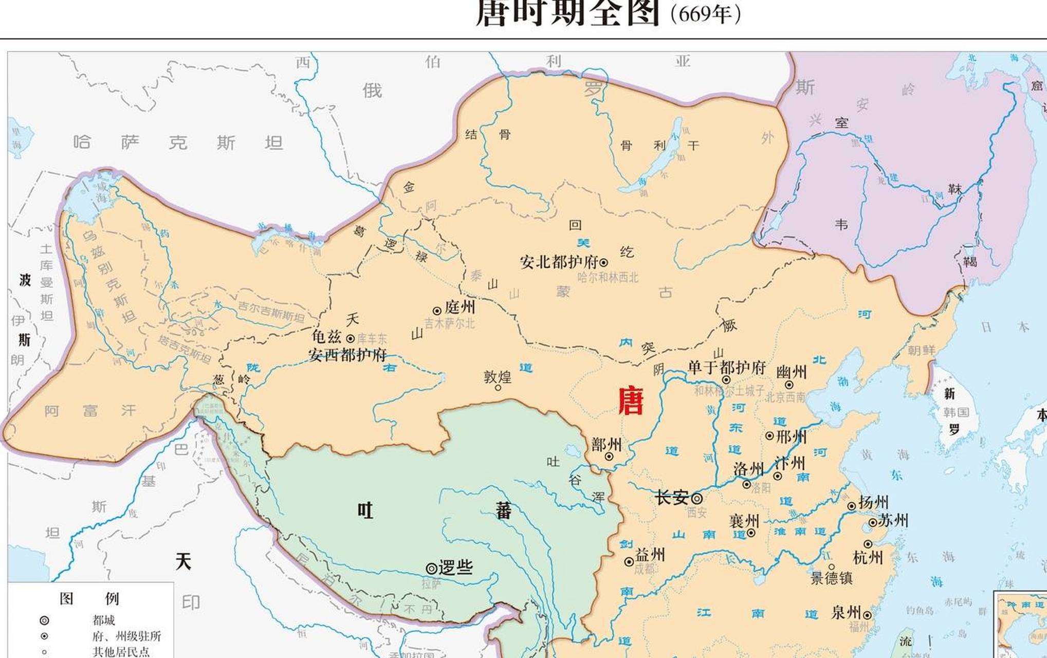 唐朝的疆域三面都靠着水域, 东到大海, 西到 咸海, 南到南海, 东北到