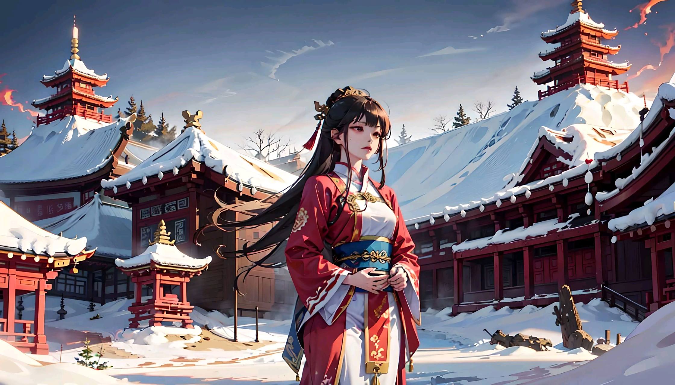 红衣女孩儿与洁白雪景#二次元美图
