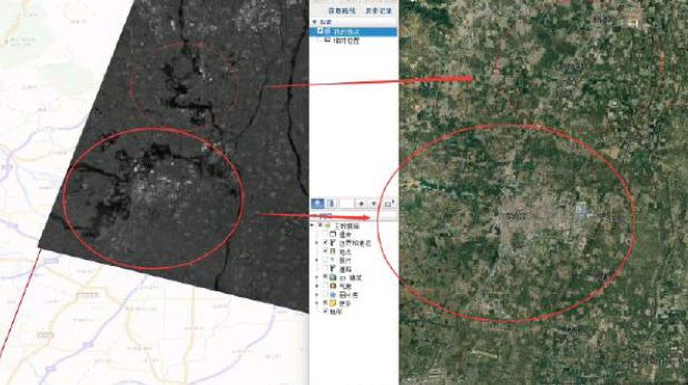 卫星图像显示,随着上游降雨形成的水流持续下泄,涿州市区三面已被河水