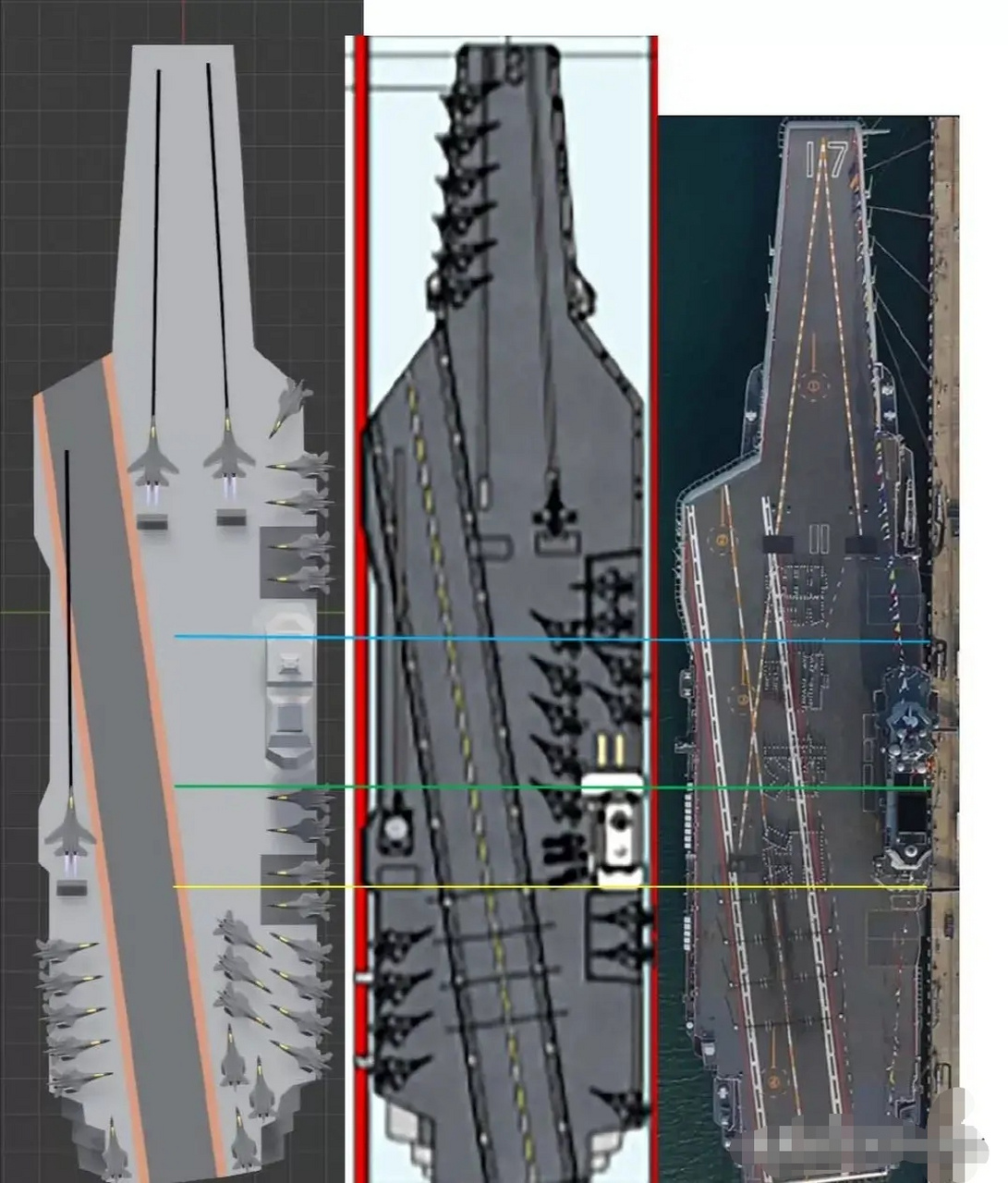 图一:常规动力003,核动力003与002的航空舰桥位置对比,实际比例.