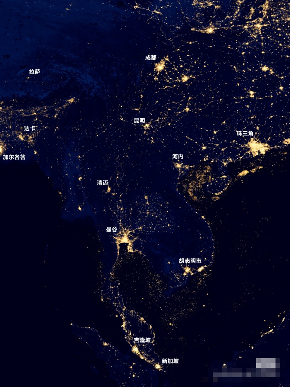 灿若星海的南亚次大陆和东南半岛夜景卫星图,图中可以清晰看出在这一