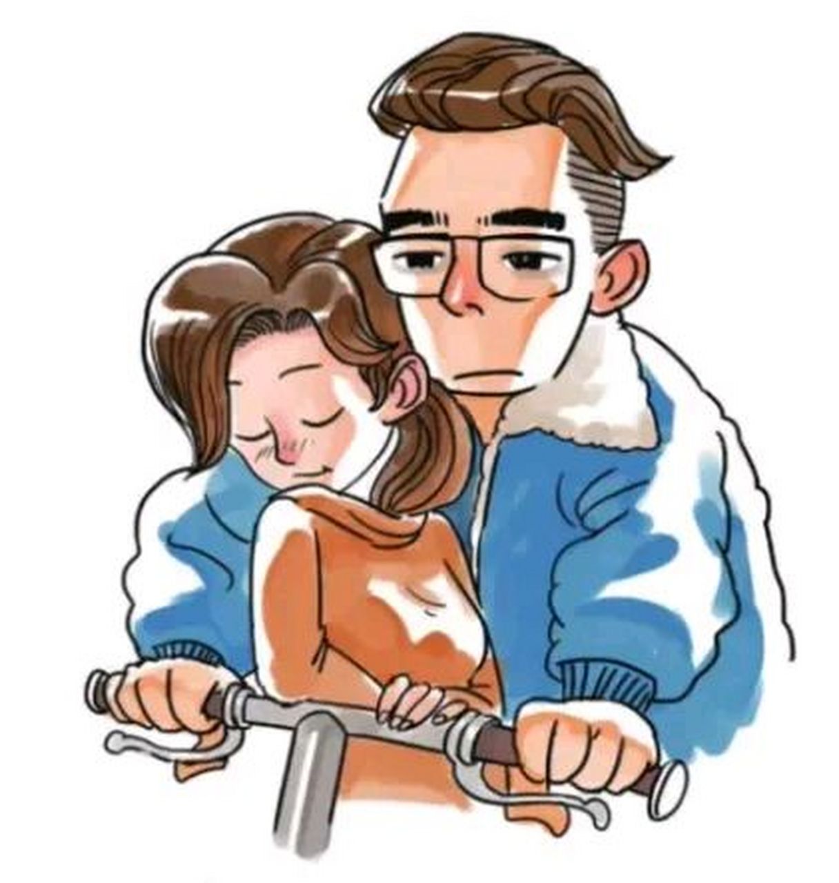 傍晚,男孩骑车带着女孩兜风,  女孩坐在前面的大梁上,突然男孩低头在