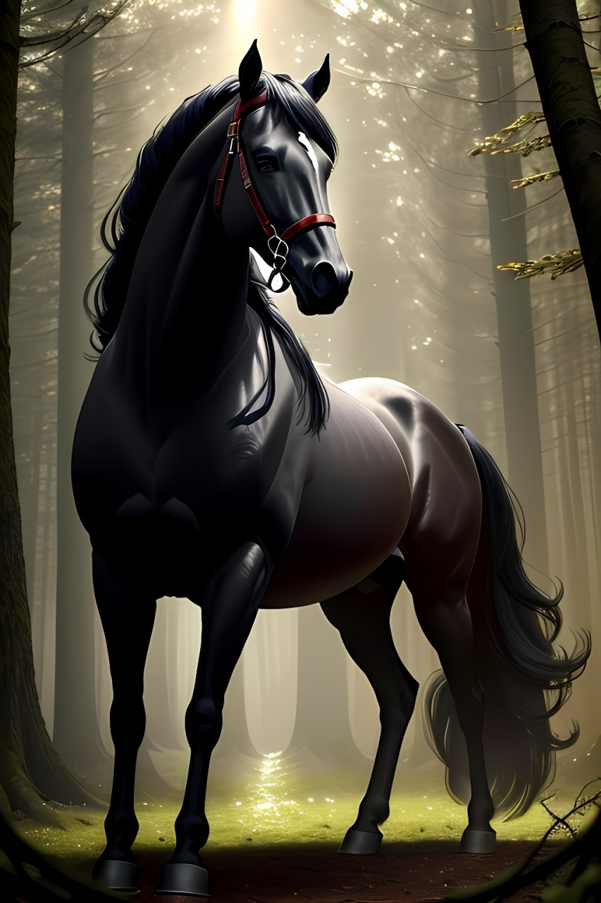 黑骏马在森林里吃草,阳光透过枝叶照射进来.