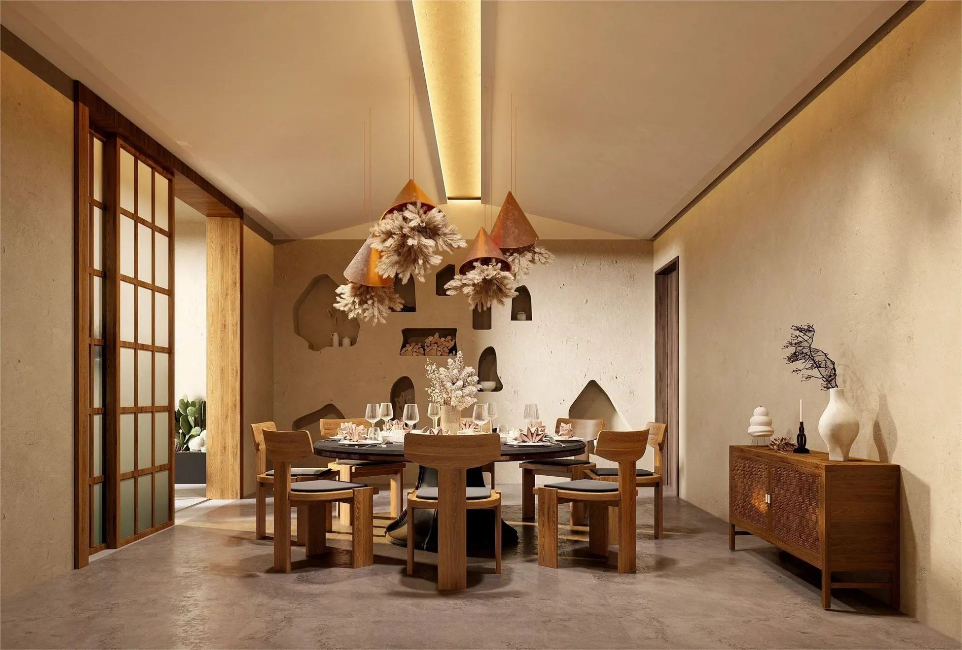 工装设计 | 侘寂风餐厅空间,在空间设计中,融入极简主义风格 用光和线