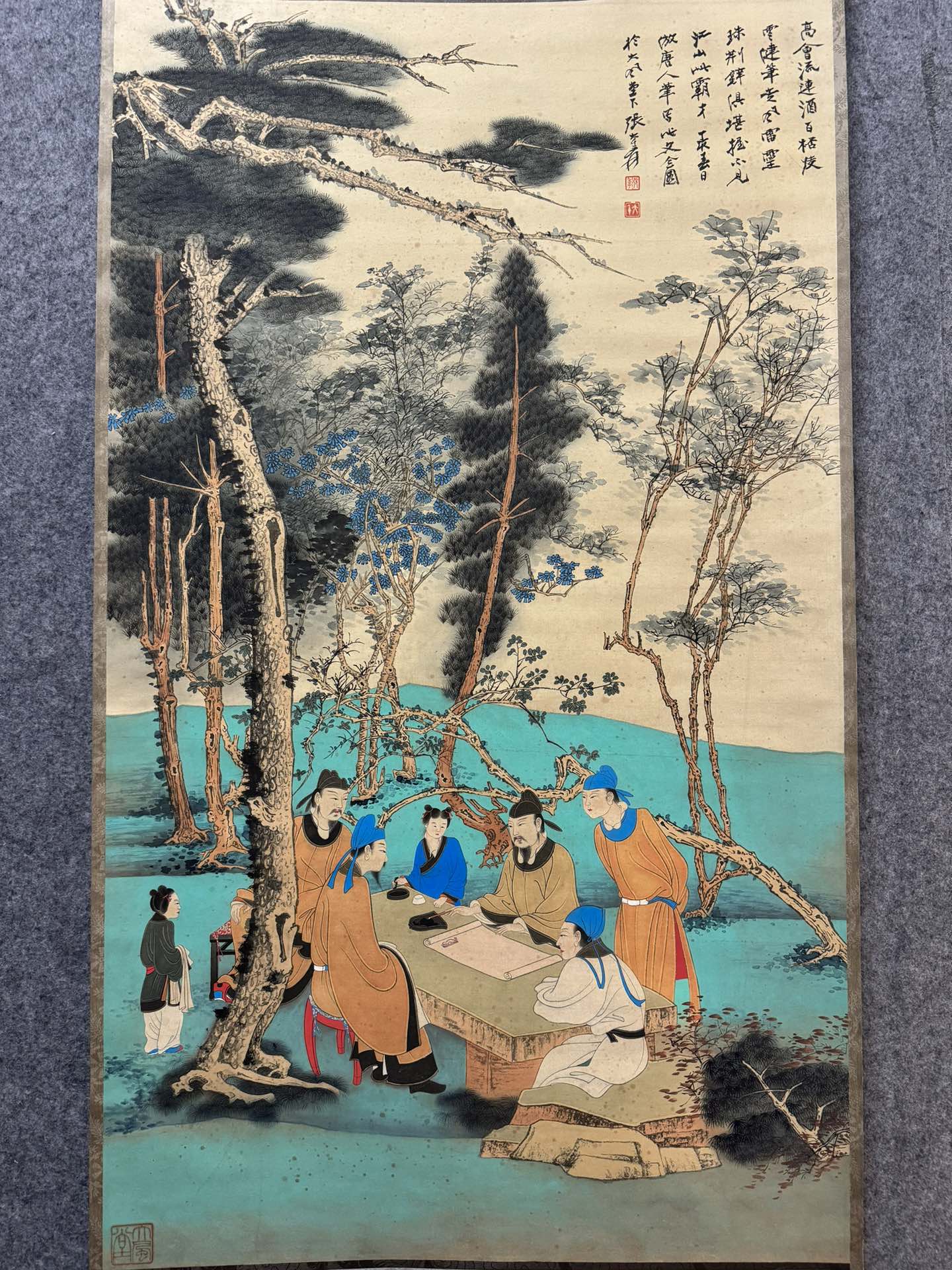 旧藏,张大千精品纸本(文会图)规格:画心尺寸:59.5x102.5厘米