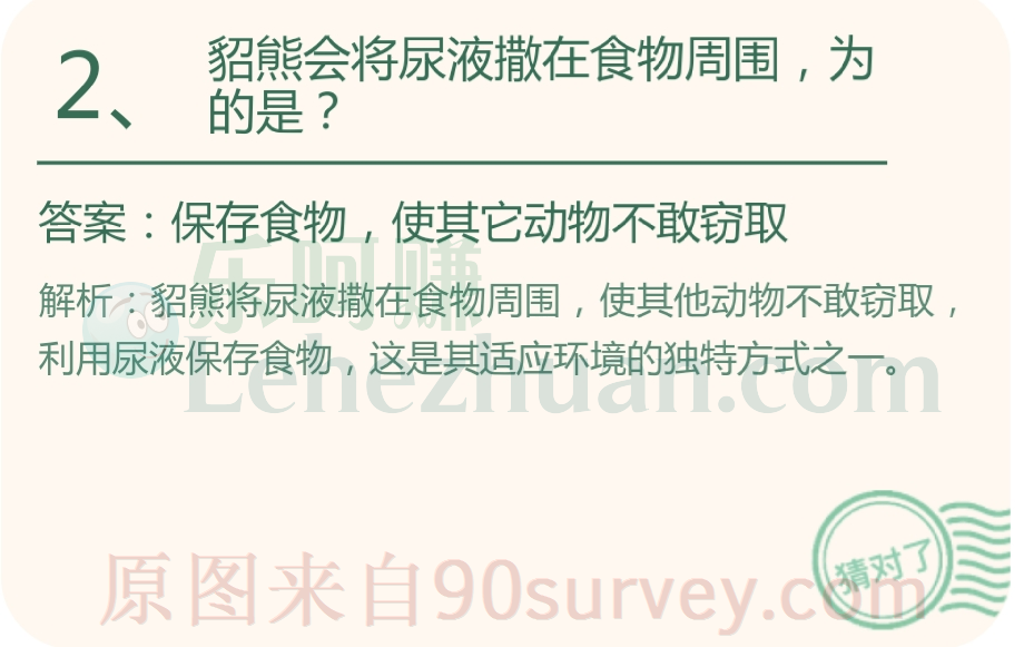 貂熊会将尿液撒在食物周围,为的是?答案:保存食物,使其它动物不敢窃取 貂熊会将尿液撒在食物周围,为的是?答案:保存食物,使其它动物不敢窃取