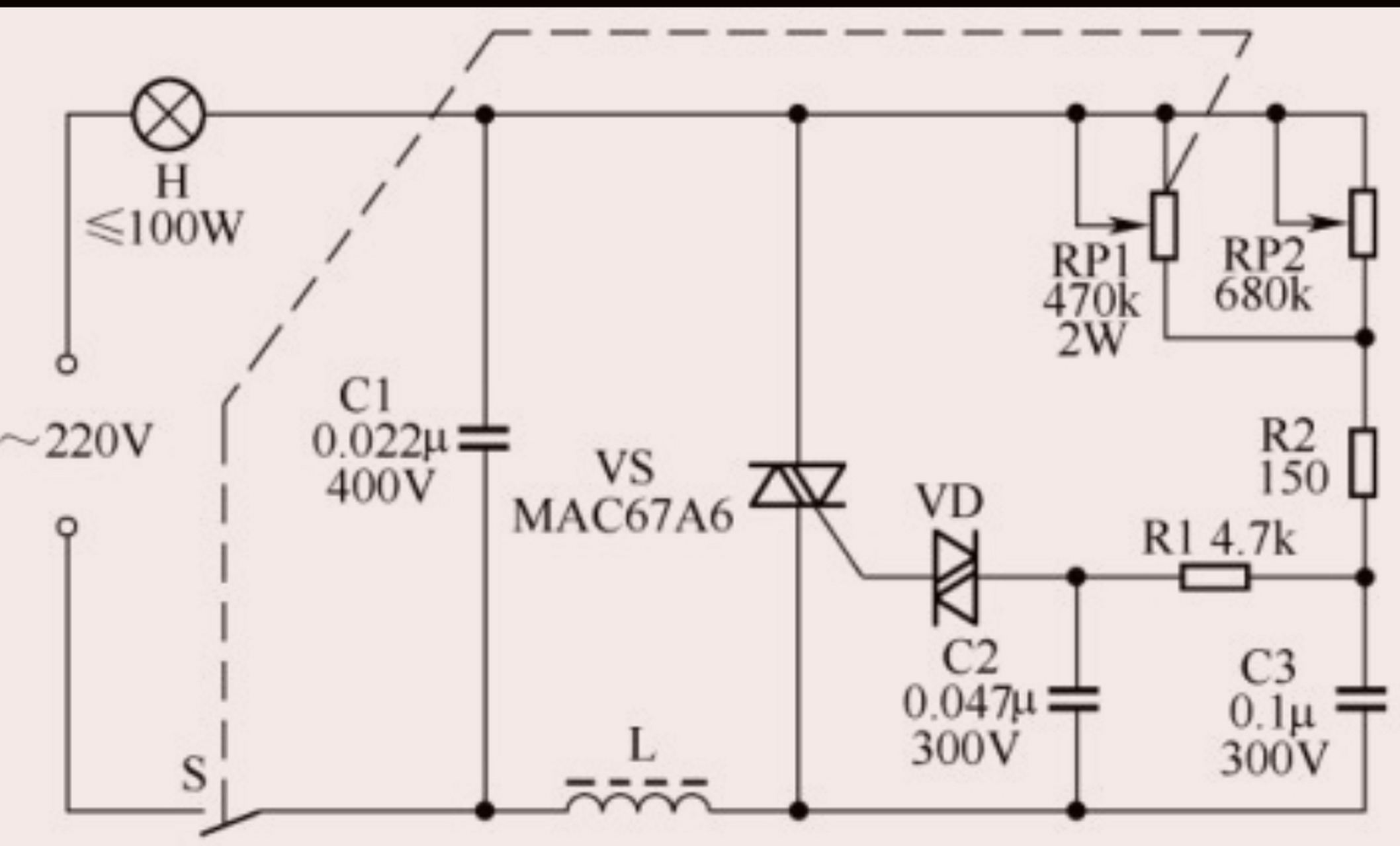 白炽灯无级调光电路  电路图 :如下图所示是一个实用的双向晶闸管调光